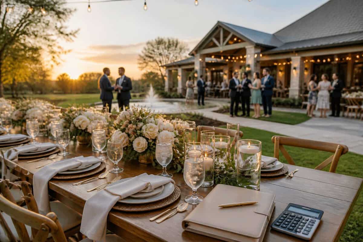 An elegant outdoor wedding reception with organized table settings and discreet planning materials at a landscaped venue.