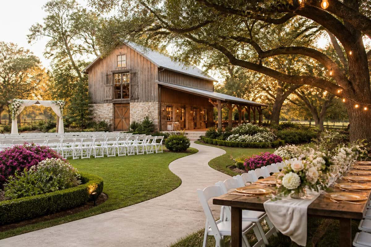 A landscaped wedding venue with a rustic barn, garden ceremony area, white chairs, and a decorated outdoor reception table.