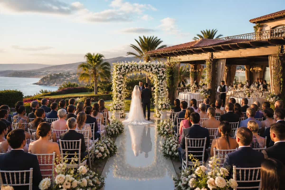 An elegant outdoor wedding ceremony at a luxurious venue with floral décor, seated guests, and a reception area.