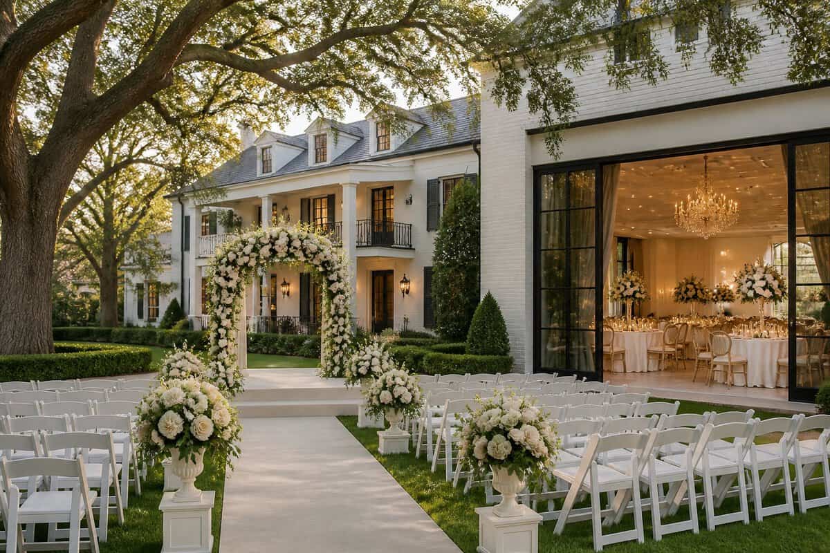 Elegant wedding venue near Zachary with an outdoor ceremony setup and a decorated reception space.