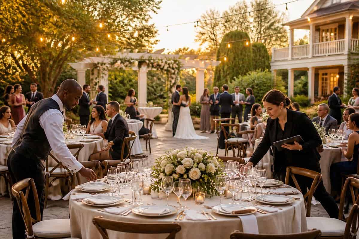 An elegant outdoor wedding reception at a landscaped venue with decorated tables, floral arrangements, guests, and staff preparing the celebration.