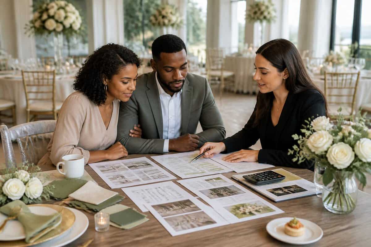 An engaged couple and a wedding coordinator compare wedding packages and costs at an elegant venue table.