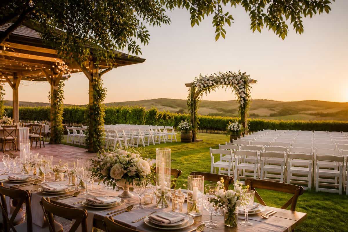 An elegant outdoor wedding ceremony and reception at a vineyard venue surrounded by rolling hills.