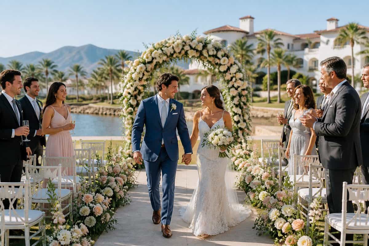 Newlyweds and guests celebrate at an elegant outdoor wedding venue with gardens, water, and resort scenery.