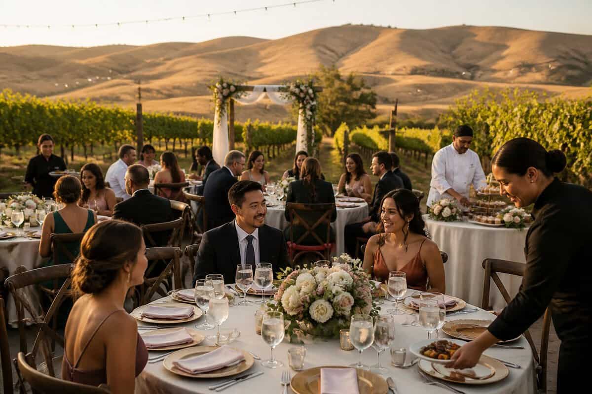 An elegant outdoor wedding reception overlooking vineyards and hills, with decorated tables, catering staff, and a ceremony arbor.