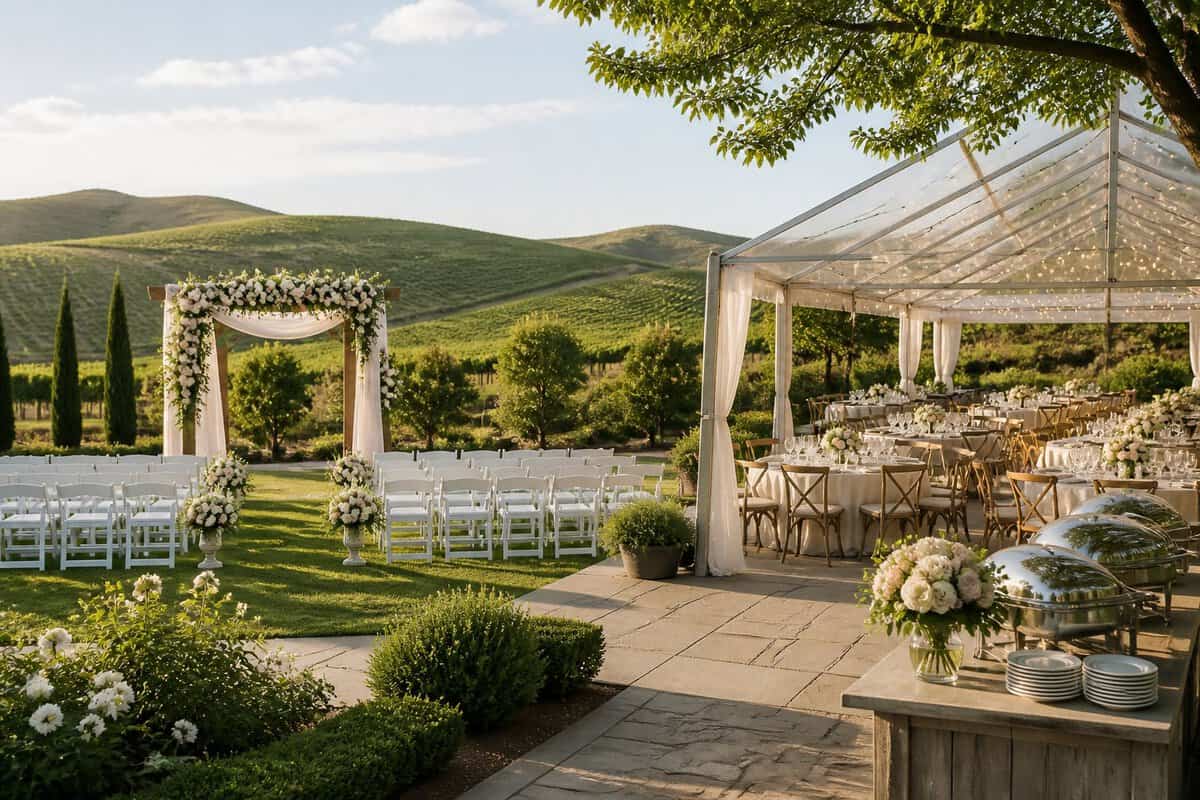 Elegant outdoor wedding venue with a floral ceremony arbor, arranged chairs, reception tables, and vineyard hills in the background.
