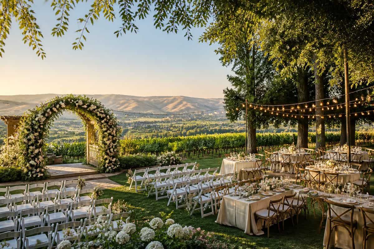 Outdoor wedding ceremony and reception setup overlooking a vineyard landscape.