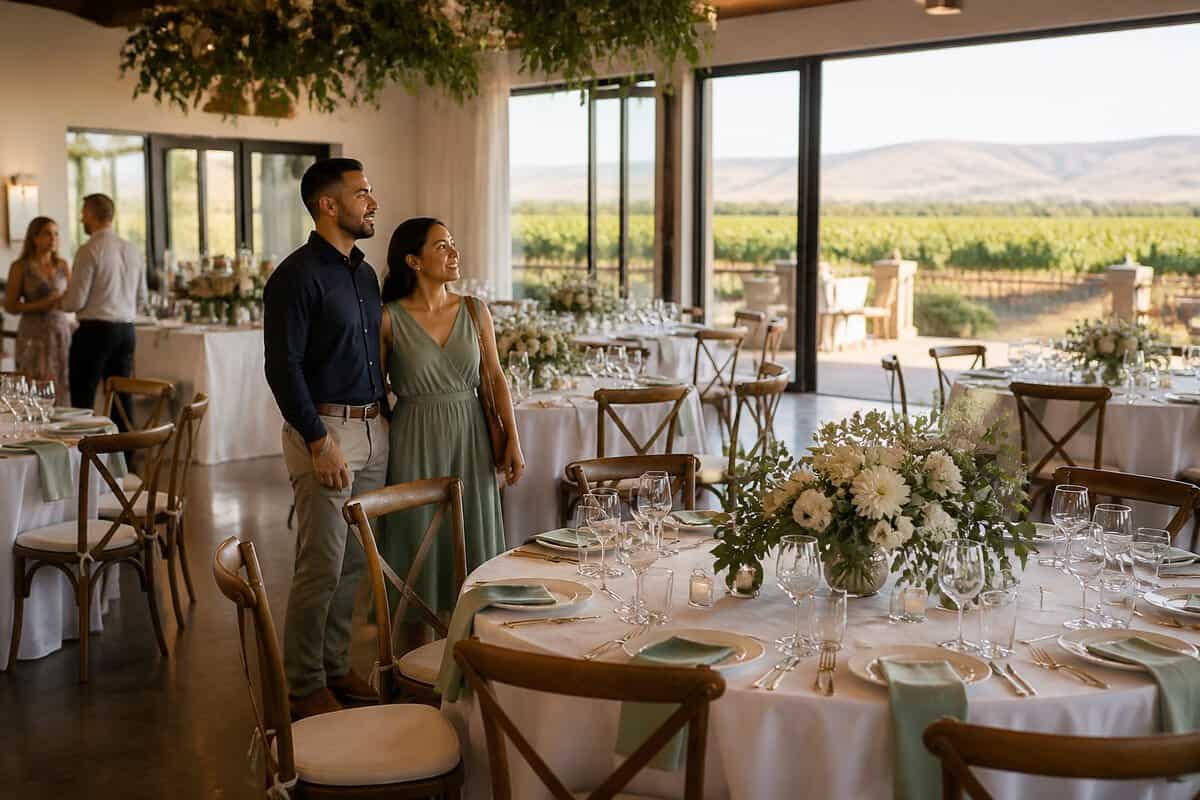 An elegant wedding reception venue with decorated tables, catering details, and a view of the Yakima Valley.