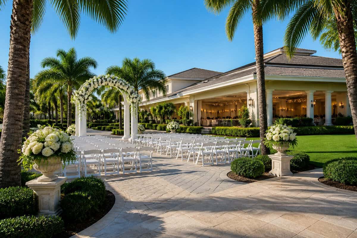 An elegant wedding venue with a floral ceremony arch, white chairs, landscaped grounds, and palm trees.