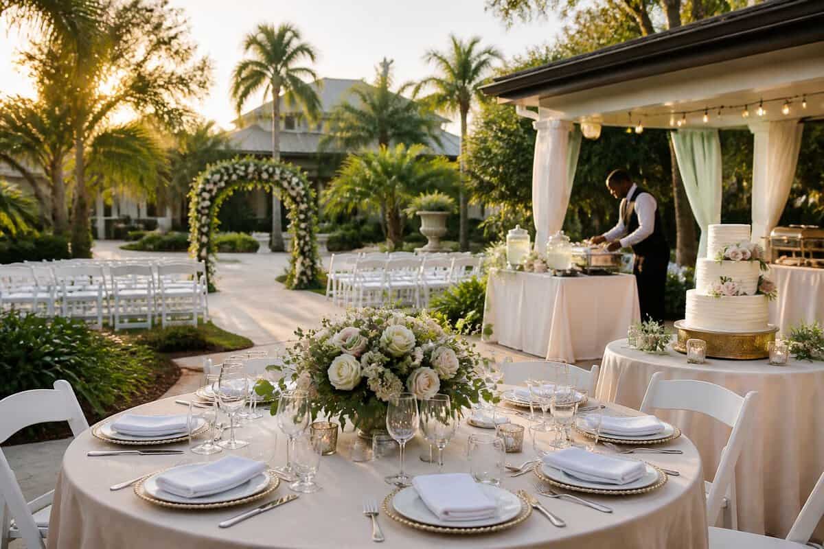 An elegant outdoor wedding reception with decorated tables, ceremony chairs, catering service, and a wedding cake at a landscaped Florida venue.