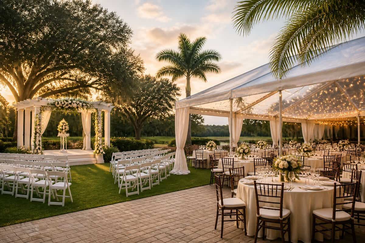 An elegant outdoor wedding ceremony and reception setup at a landscaped venue.