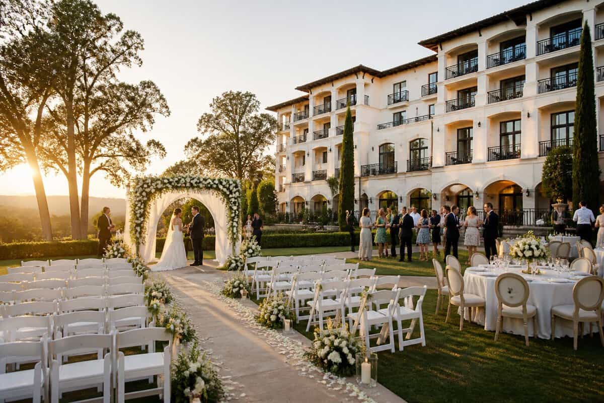 An elegant wedding ceremony and reception area beside a luxurious resort with guest accommodations.