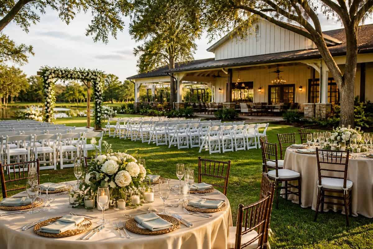 An elegant outdoor wedding venue with white chairs, a floral arch, decorated reception tables, and lush landscaping.