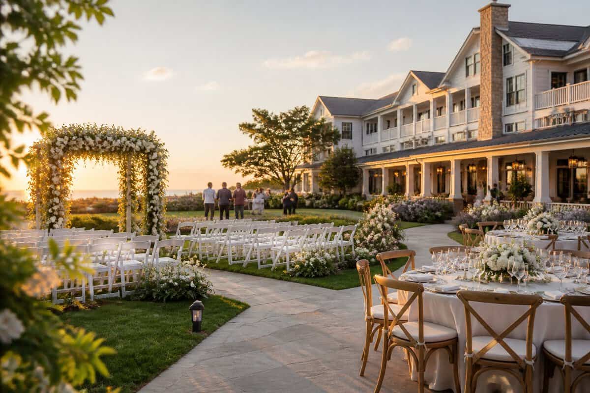 Elegant wedding venue beside a boutique lodging property with a decorated ceremony area and guest accommodations.