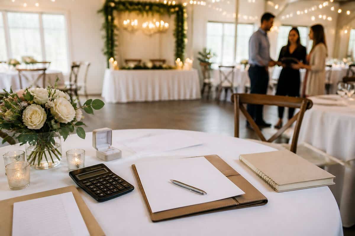 Wedding planning materials arranged on a reception table in an elegant venue.