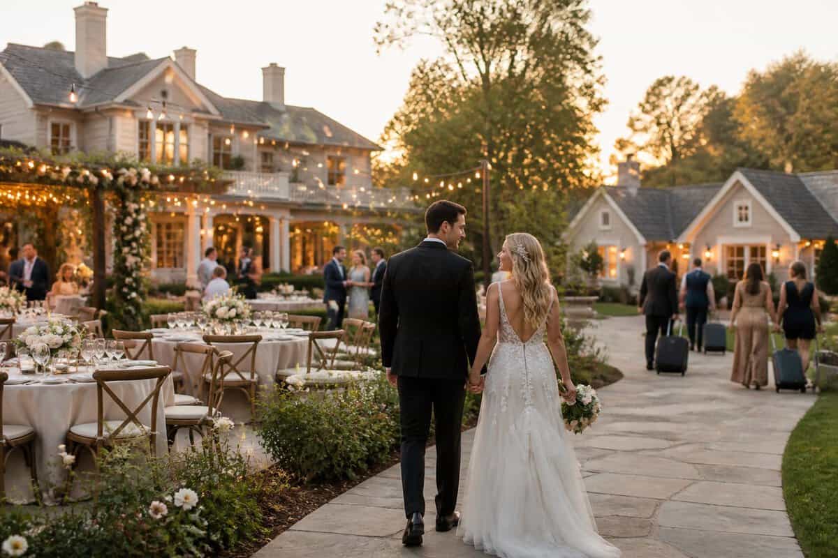 Newlywed couple walking toward guest lodging at an elegant wedding venue.