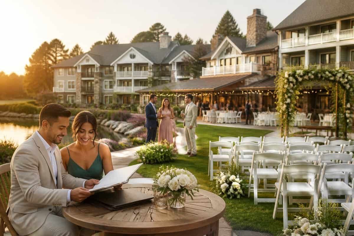 Wedding guests gather at an elegant venue with on-site cottages and reception spaces.