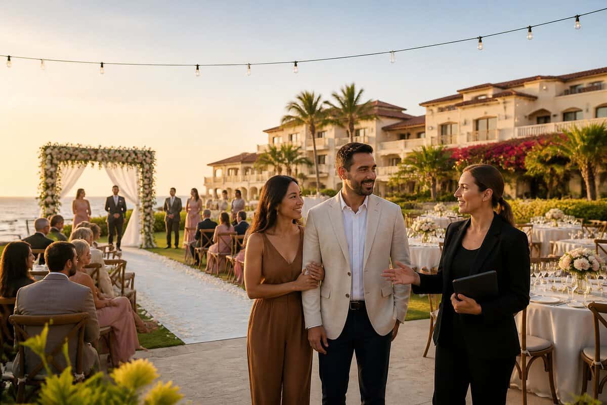 A couple and venue coordinator tour an elegant resort wedding venue with outdoor ceremony and reception areas.