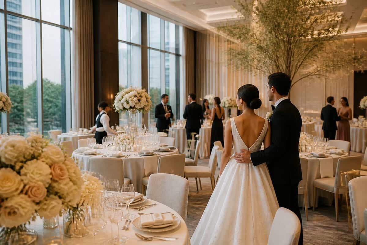 An elegant wedding reception in a sophisticated Yorkville venue with decorated tables, floral arrangements, guests, and a newlywed couple.