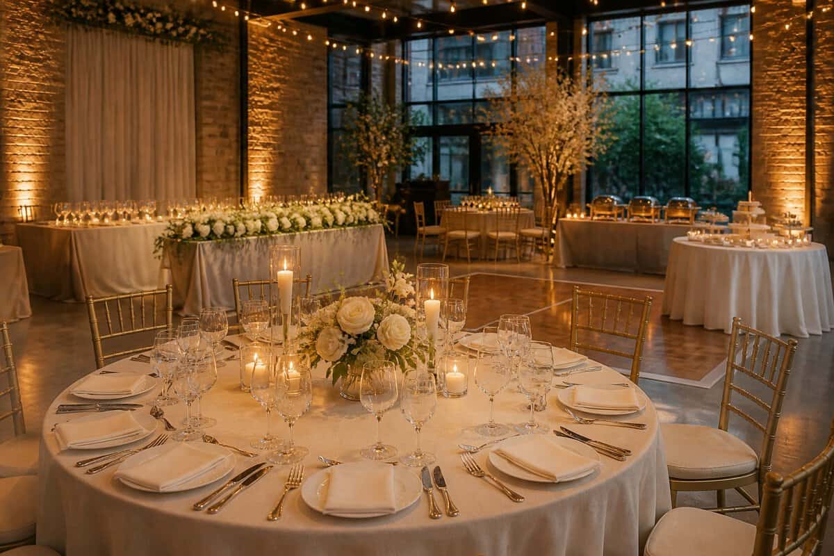 An elegantly prepared wedding reception table in an upscale venue with floral centerpieces, candles, and a decorated dining area.
