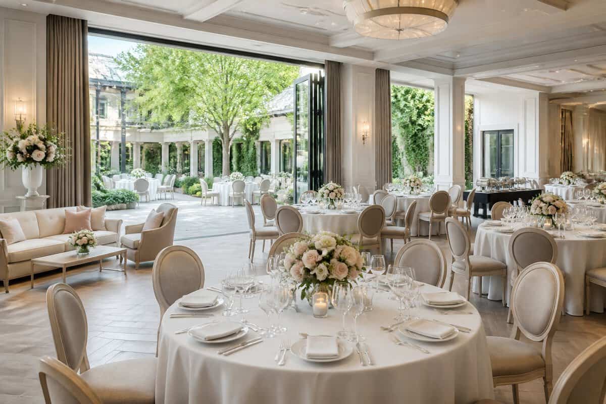 An elegant wedding reception venue opening onto a landscaped garden terrace.