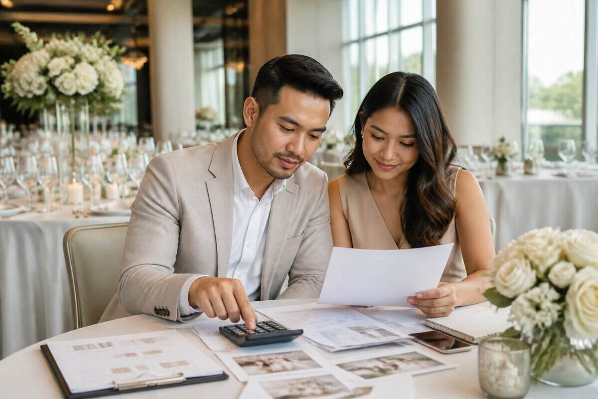 An engaged couple reviews wedding budget materials at a table inside an elegant reception venue.