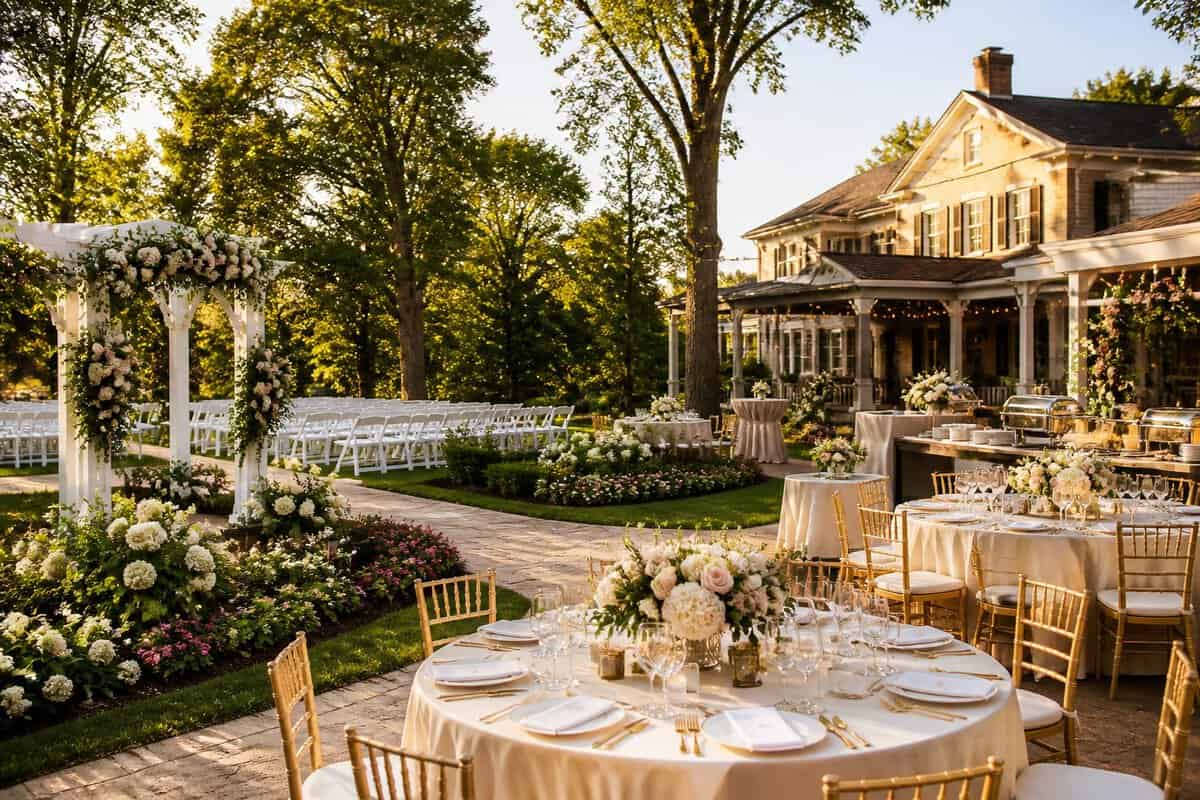 An elegant wedding venue with a flower-decorated ceremony arbor, landscaped grounds, and a beautifully set outdoor reception area.
