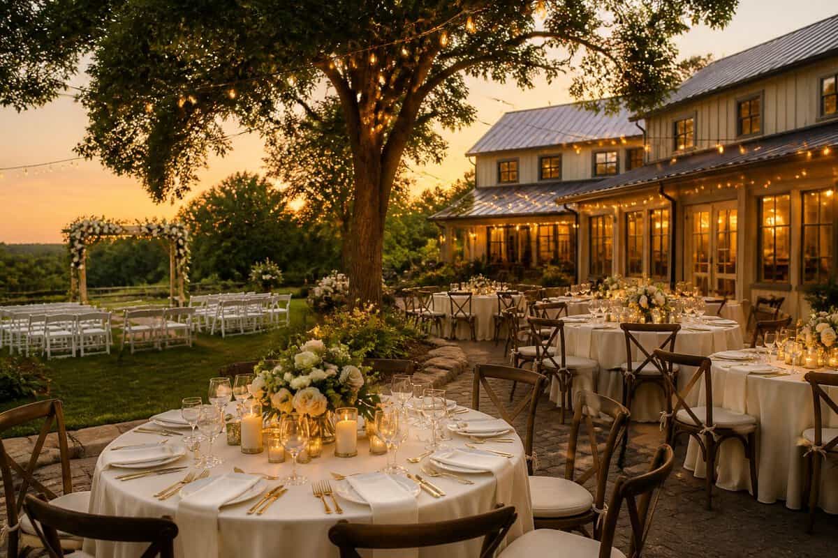 Elegant outdoor wedding reception and ceremony area at a landscaped venue in Zionsville.