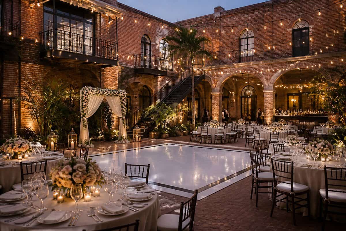 An elegant wedding reception setup in a historic brick courtyard in Ybor City.