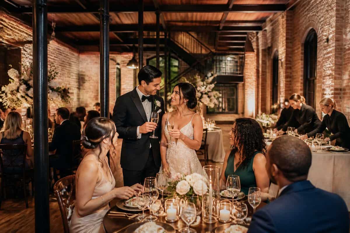 A newlywed couple and guests celebrate in an elegant Ybor City wedding venue while staff prepare dinner service.