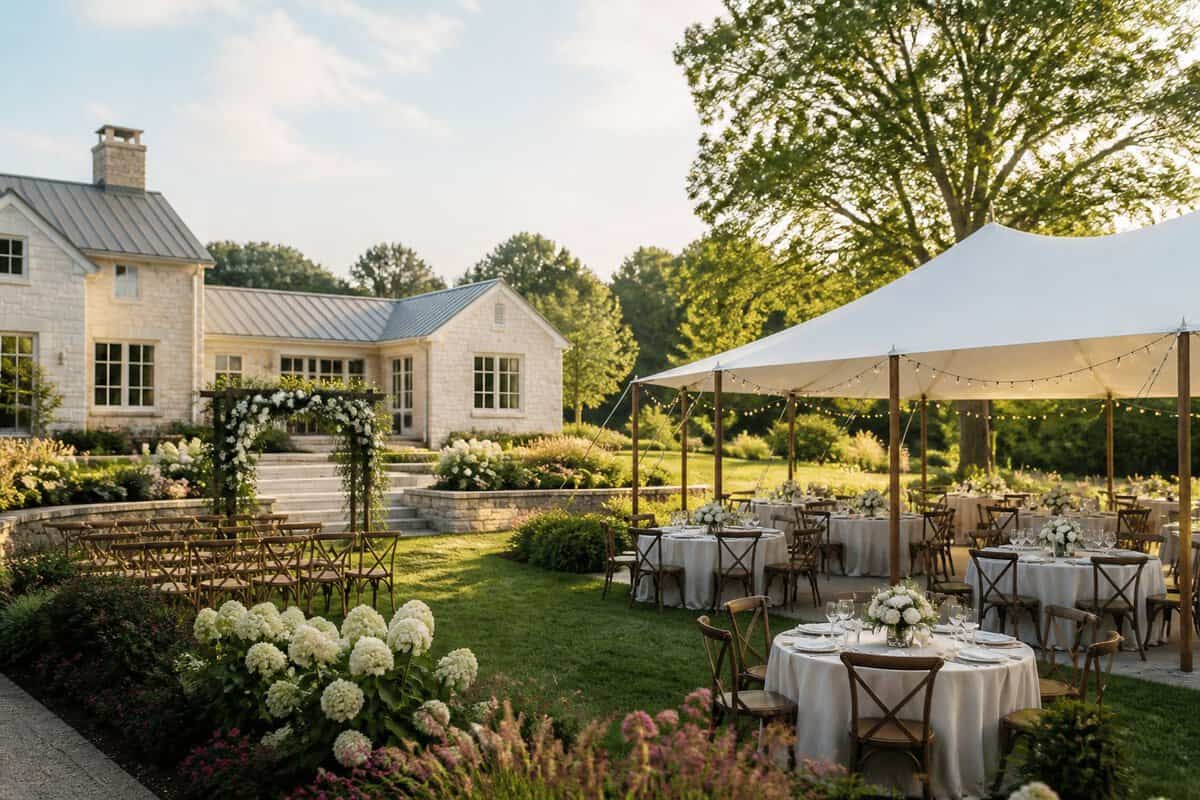 An elegant wedding venue with manicured gardens, outdoor ceremony space, and tables set for a reception.