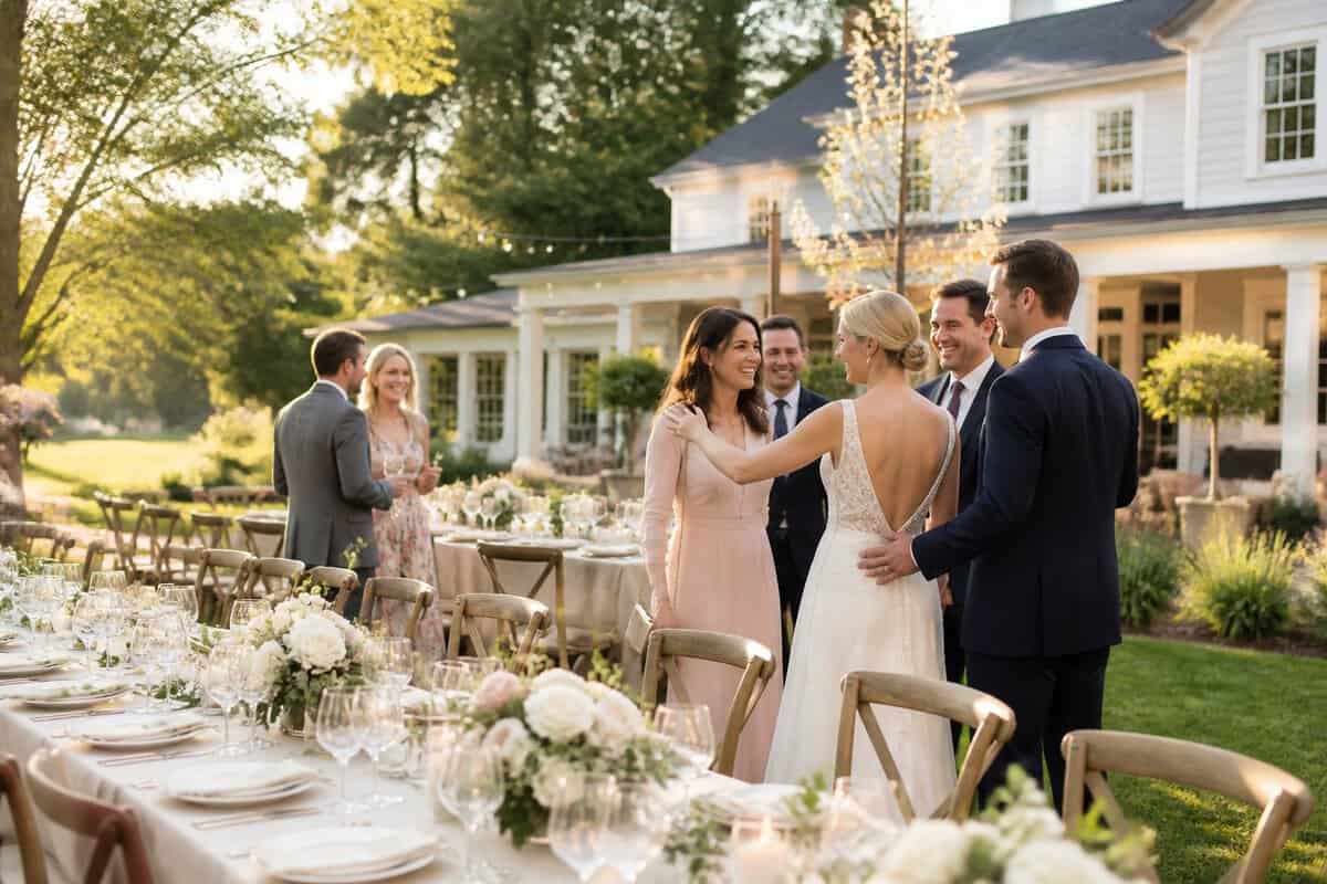 Wedding guests enjoy an elegant outdoor reception at a landscaped venue in Zionsville.