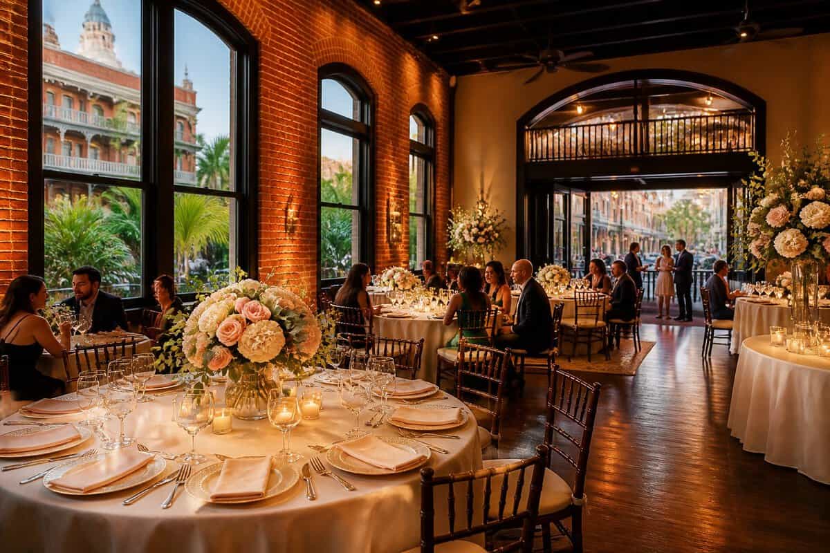 An elegant wedding reception in a historic Ybor City venue with decorated tables, floral centerpieces, and guests near a brick-lined streetscape.