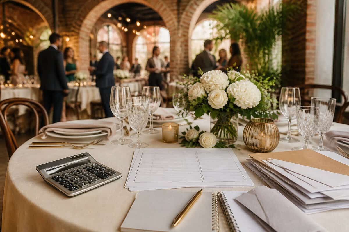 Wedding budget planning materials arranged on an elegant reception table in a historic brick venue.