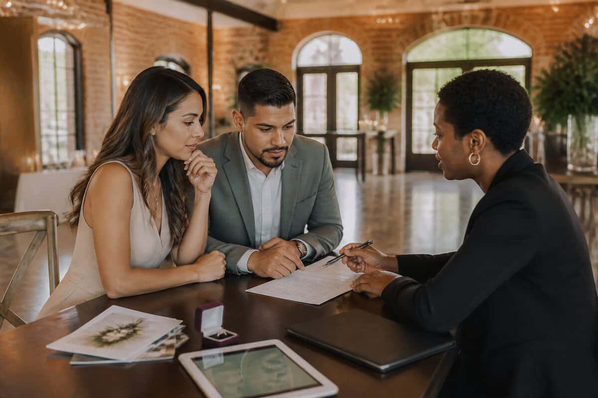 An engaged couple meets with a wedding venue coordinator to review a contract at an elegant historic venue.