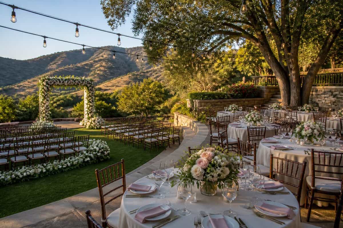 An elegant outdoor wedding ceremony and reception overlooking landscaped grounds and rolling hills.