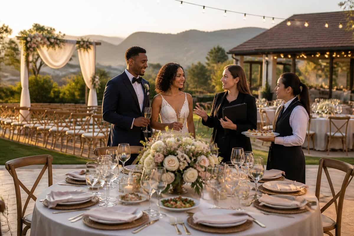 A couple and wedding guests gather at an elegantly arranged outdoor reception venue with decorated tables and a ceremony arch.