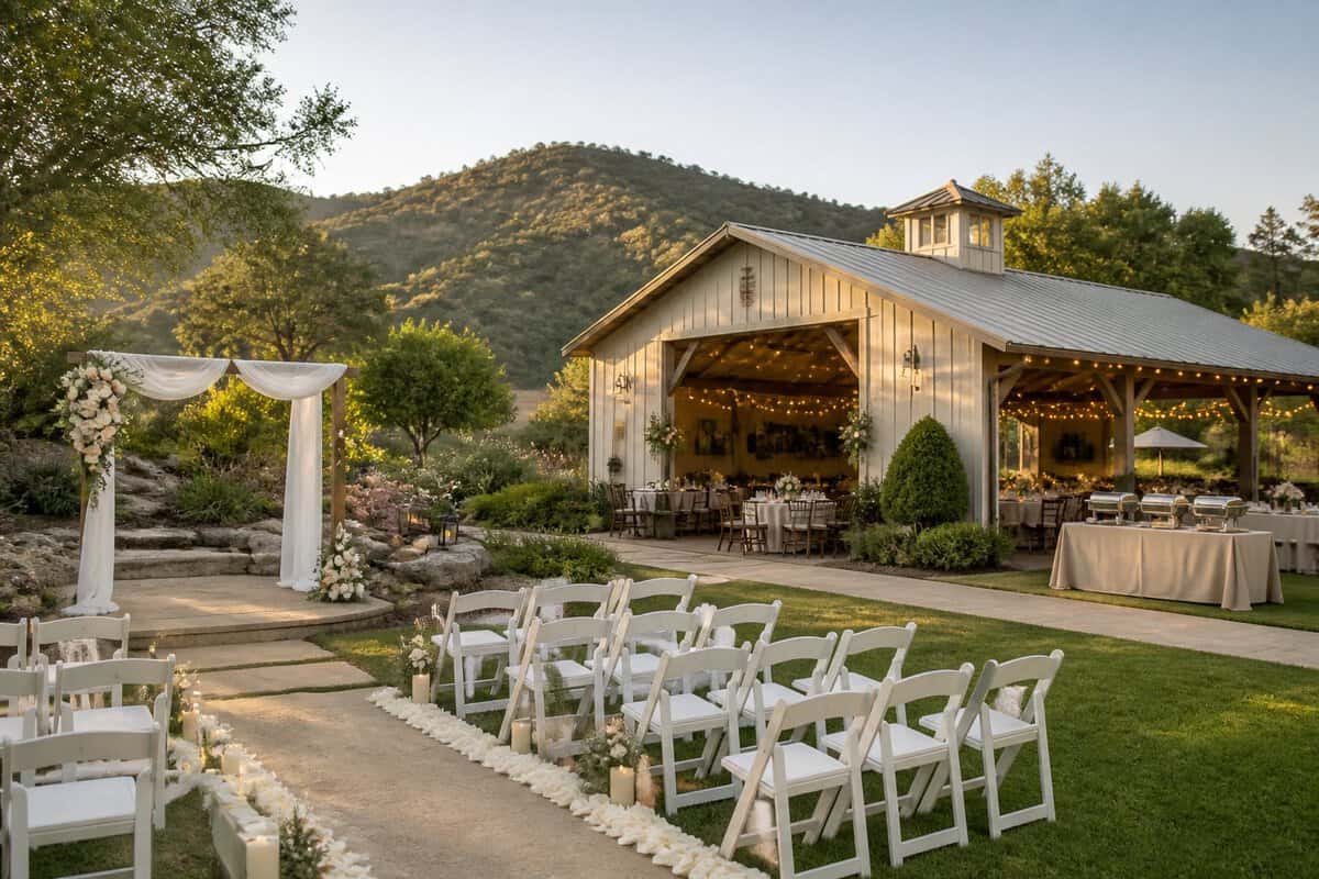 An elegant outdoor wedding venue with a floral ceremony arch, arranged chairs, reception tables, and rolling hills in the background.