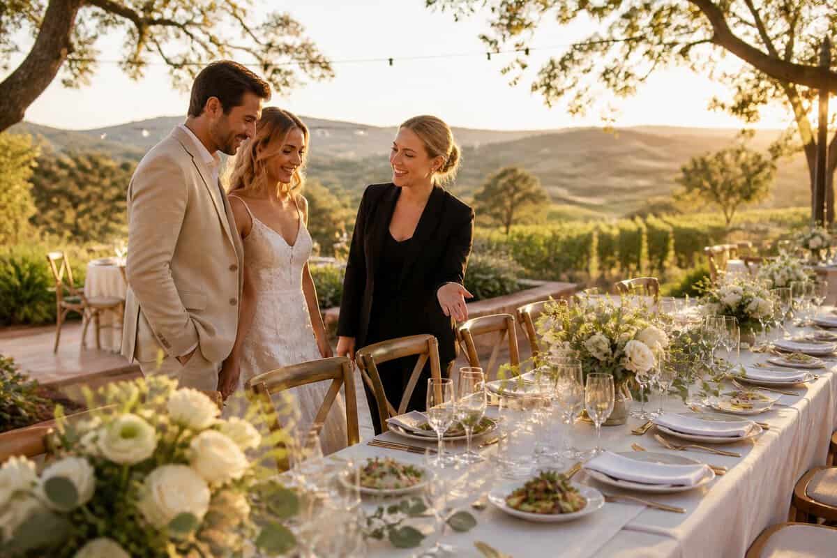 An engaged couple reviews a beautifully arranged outdoor wedding reception with a venue coordinator in a sunlit garden setting.