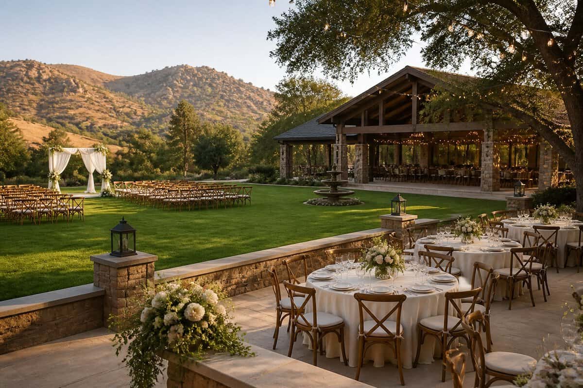 Elegant outdoor wedding venue with decorated tables, a reception pavilion, and rolling Inland Empire hills in the background.