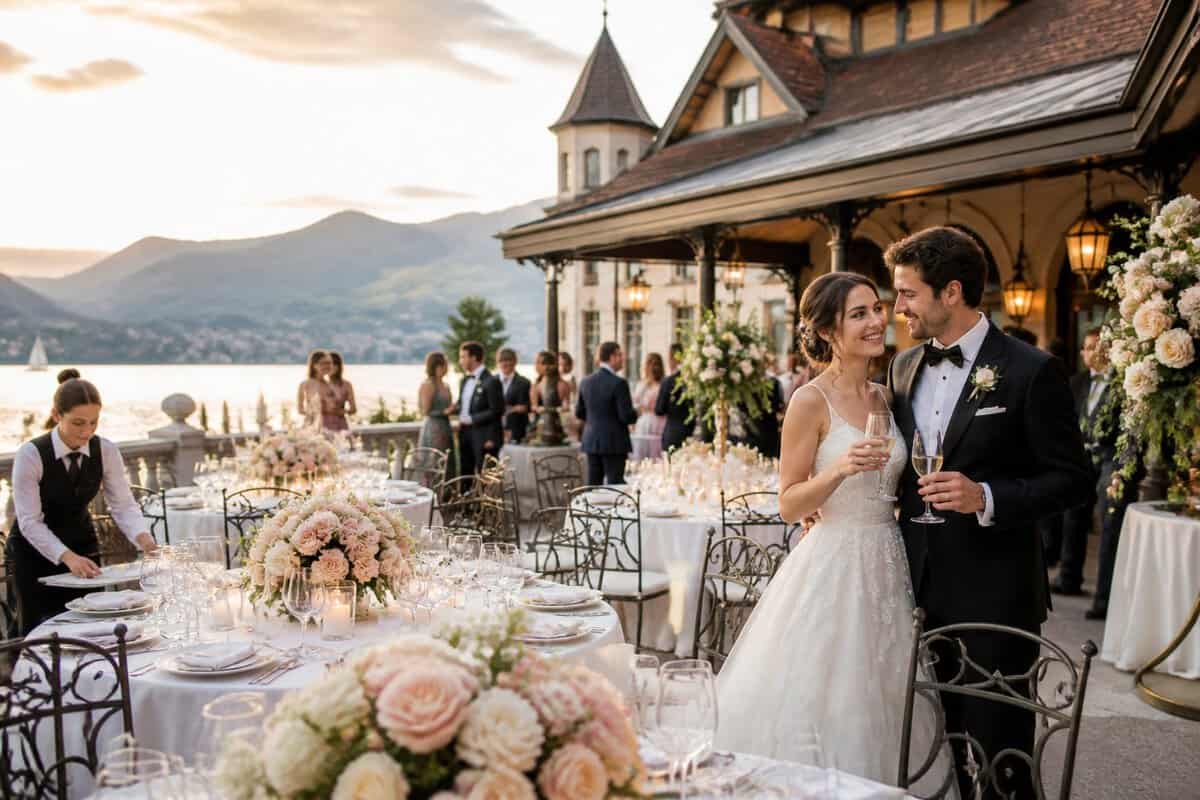 Newlyweds celebrate at an elegant lakeside wedding venue near Zurich with decorated tables, flowers, and guests.