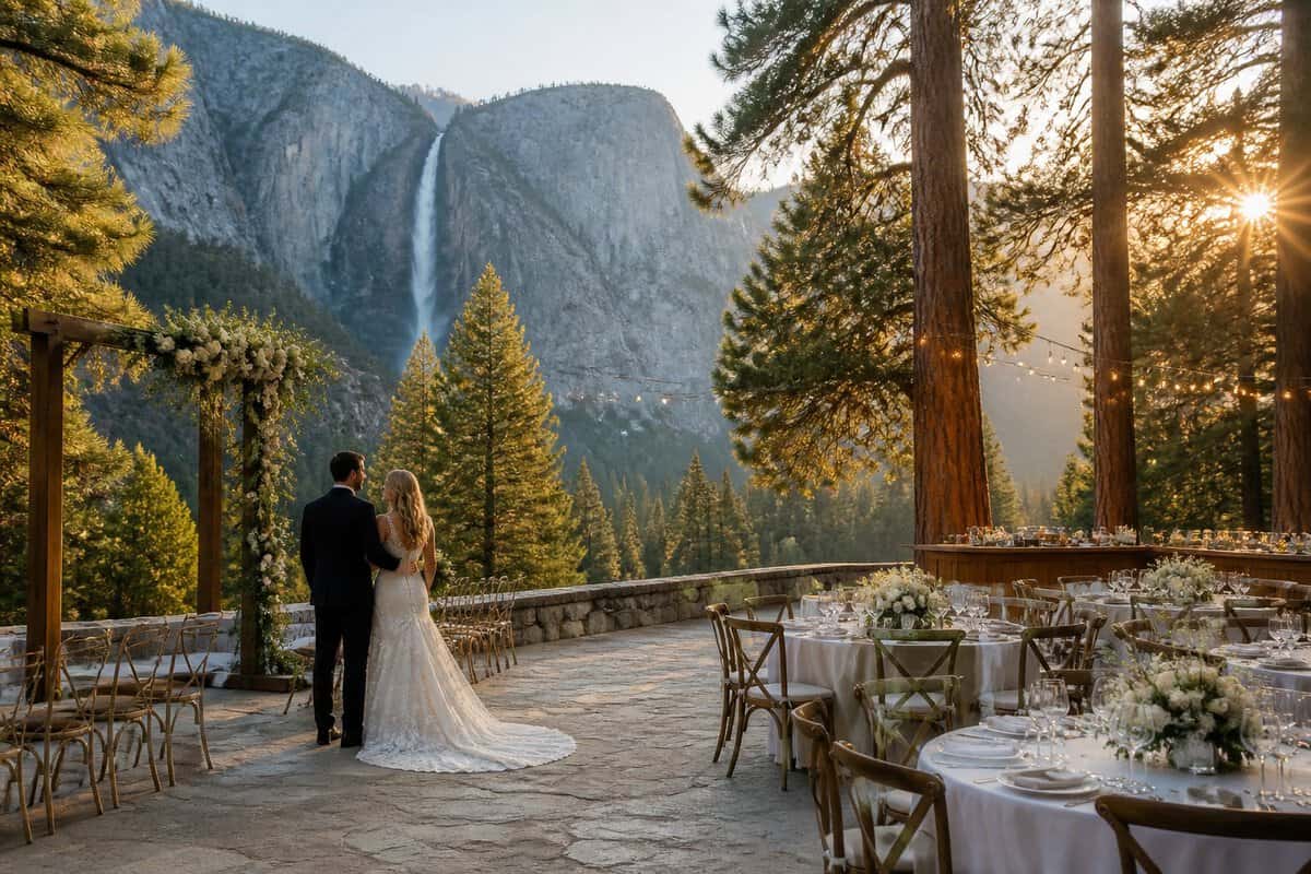An elegant outdoor wedding venue surrounded by Yosemite’s granite cliffs, forest, and waterfalls, with a decorated ceremony area and reception tables.