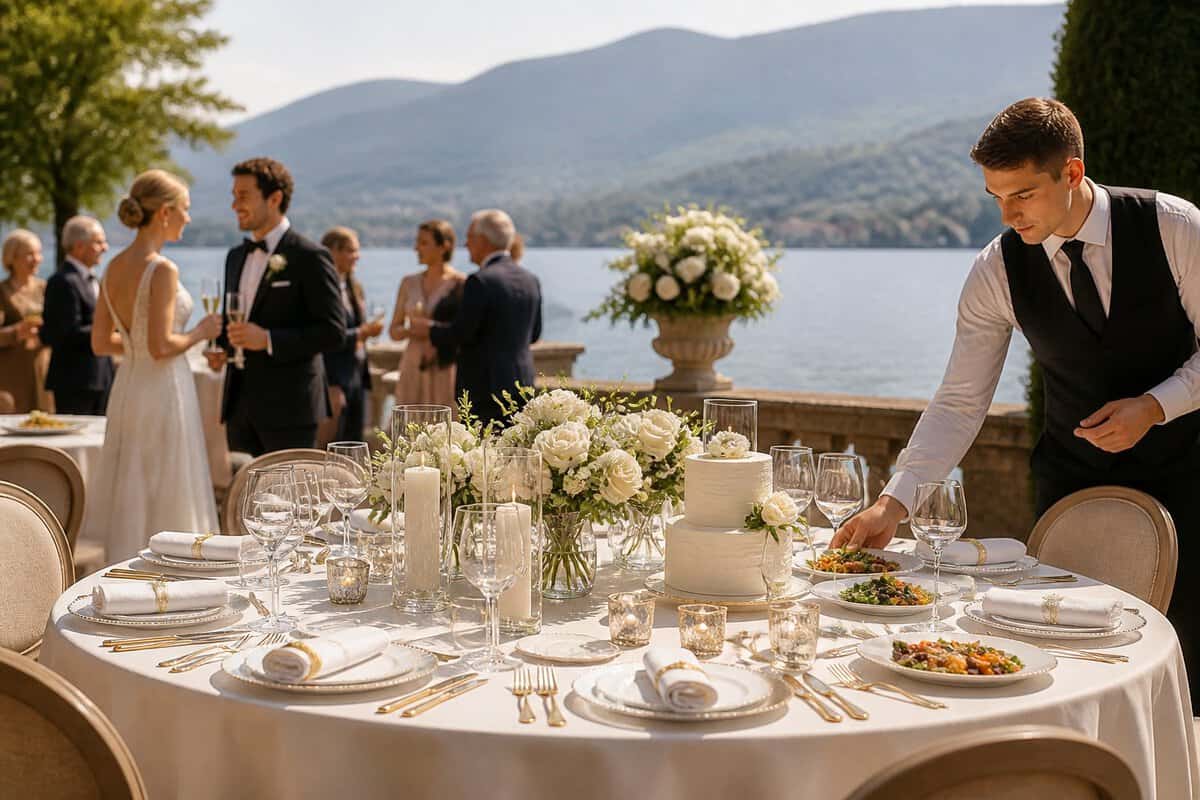 An elegant lakeside wedding reception table with floral decorations, catering, and a server, with the newlywed couple in the background.