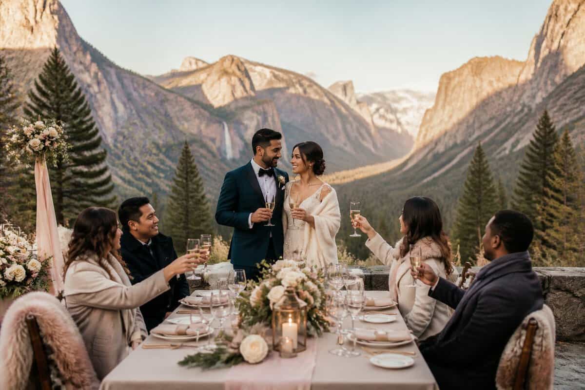 A newlywed couple celebrates with guests at an elegant outdoor wedding reception surrounded by Yosemite’s mountains and evergreen trees.