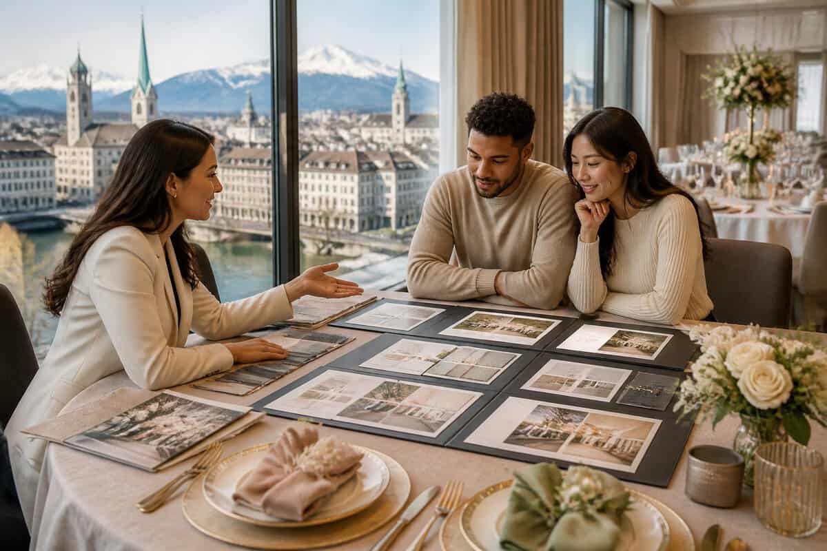 An engaged couple compares wedding venue package materials with a coordinator at an elegant Zurich venue.