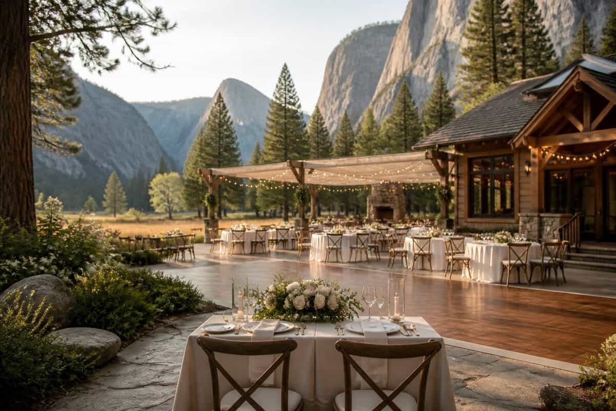 Outdoor wedding reception beside a rustic venue with mountain cliffs, evergreen trees, and arranged guest tables.