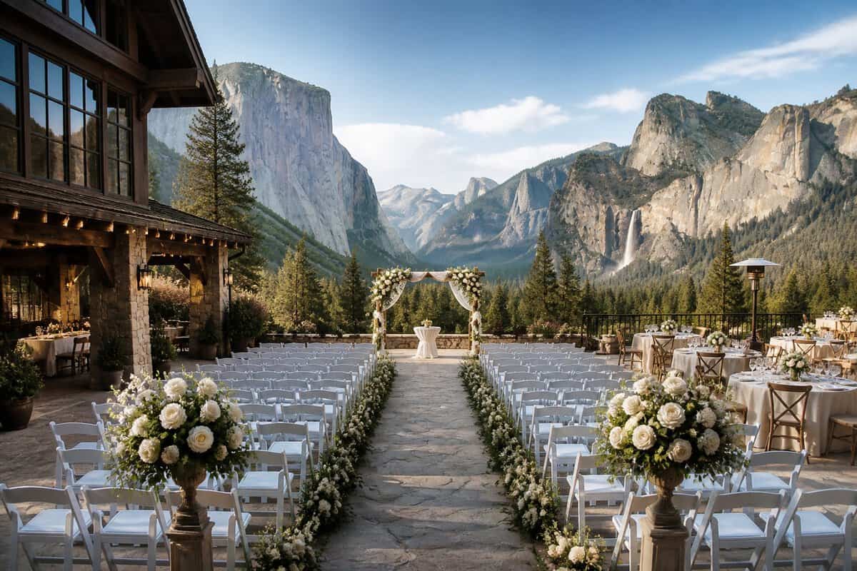 Outdoor wedding ceremony at an elegant mountain venue with Yosemite-inspired scenery.