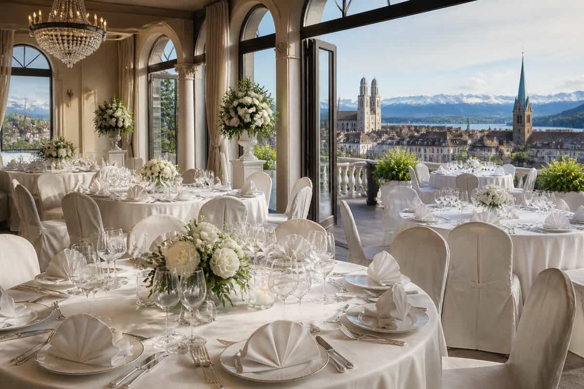 Elegant Zurich wedding venue prepared for a full-service celebration with decorated tables and alpine views.
