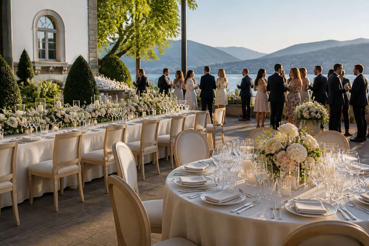 Elegant wedding reception tables overlooking a Swiss lake, with guests mingling in the background.