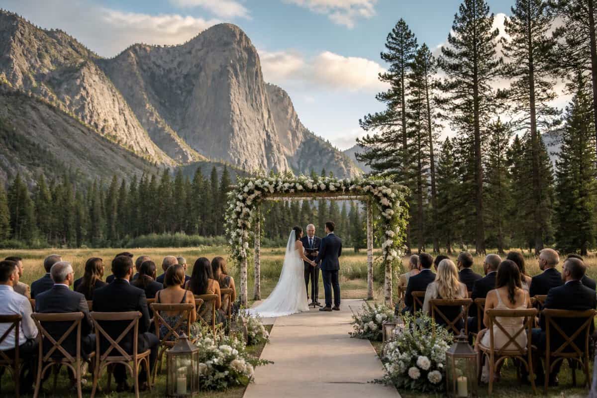 A couple prepares for an outdoor wedding ceremony in a meadow surrounded by Yosemite mountains and pine trees.